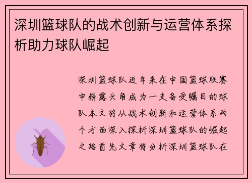 深圳篮球队的战术创新与运营体系探析助力球队崛起