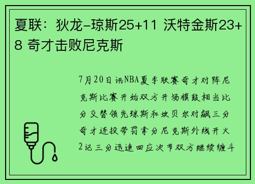 夏联：狄龙-琼斯25+11 沃特金斯23+8 奇才击败尼克斯